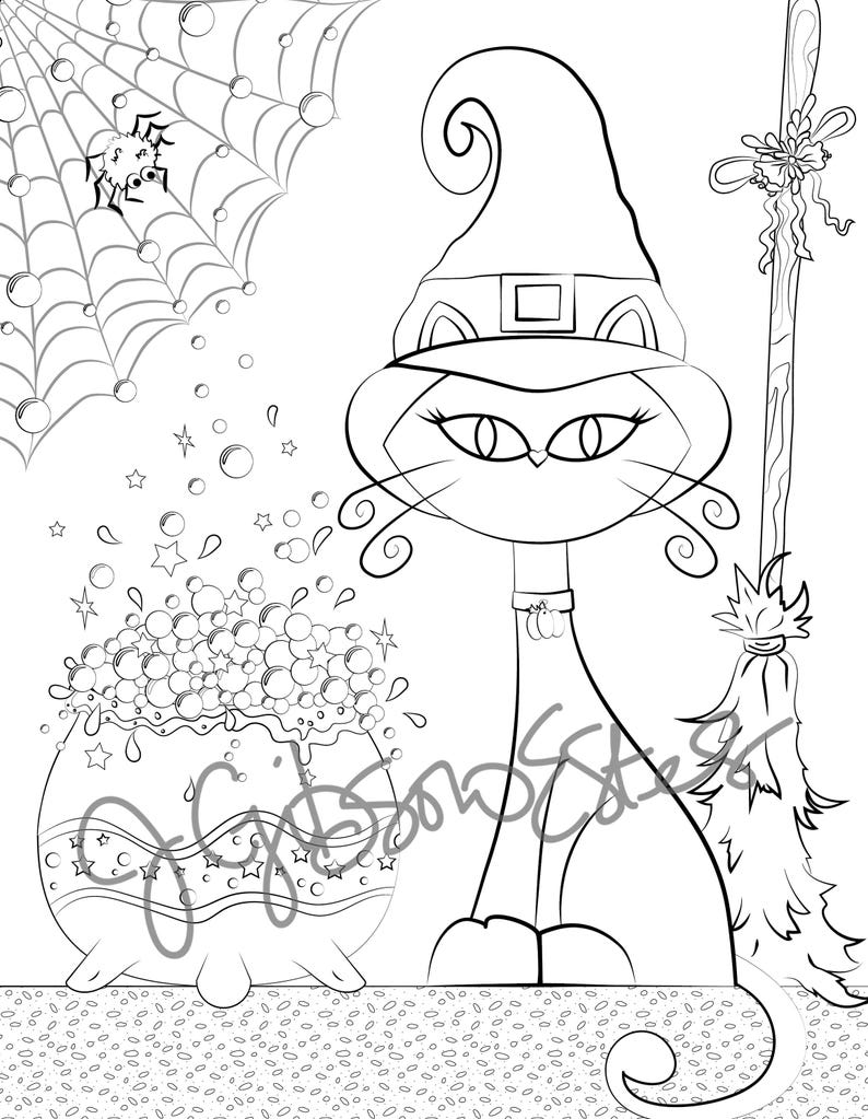 Witchy Black Cat Coloring Page - Cute Halloween Printable - Etsy