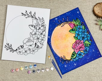 Pre Drawn Canvas | Crescent Flower Moon | Ready to Paint Canvas and Paint Party Kit | Paint at Home Kit