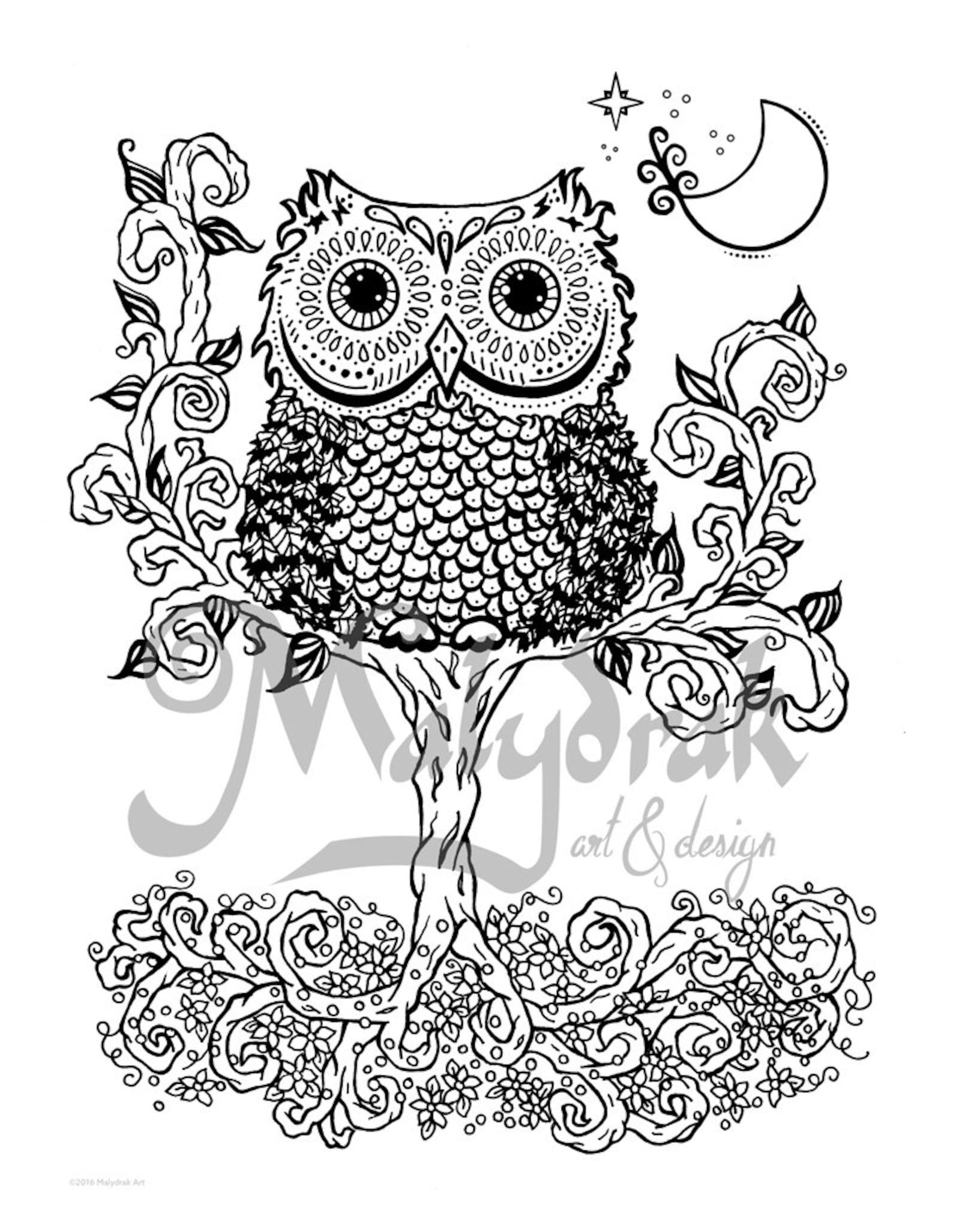 Owl in a Tree Printable Coloring Page / Digital Stamp | Etsy