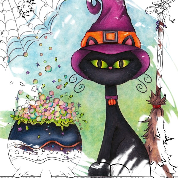 Cute Witchy Black Cat with Besom and Cauldron - Printable Coloring Page