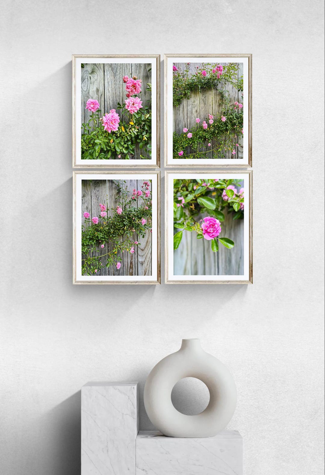 Pink Climbing Roses Print Set, Rustic Cottagecore Wall Art (digital ...