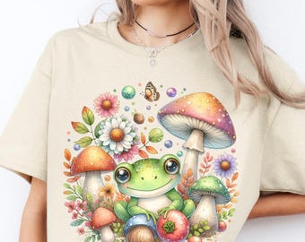 Cottagecore Frosch Shirt, wunderliches Frosch T-Shirt, Fairycore Pilzkern Grafik T-Shirt, Naturliebhaber Geschenk, Vintage Botanische, Pilzästhetik