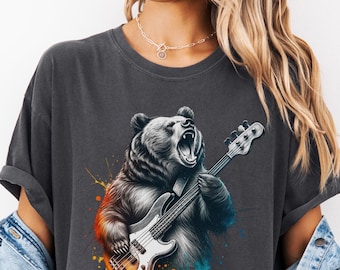 Bear Rock Band T-Shirt, Comfort Colors Music Lover Gift, Electric Guitar Animal Tee, Rock Bear Shirt, Unique Musician Apparel, Music Teacher