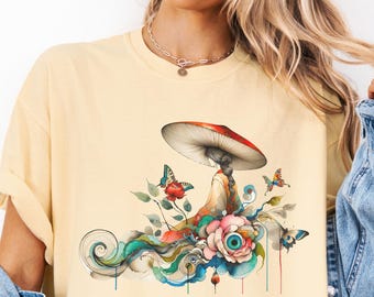 Surreal Fantasy Art, Mushrooms T-Shirt, Fairycore Shirt, Trippy Design, Cottage Core Aesthetic, Retro Psychedelic Tee, Mystical Boho Chic