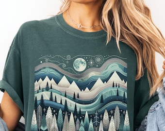 Retro Nature Art Tee, Comfort Colors Mountain Landscape T-Shirt, Boho Hiking Shirt, Outdoor Adventure Graphic Tee, Unisex Forest Sun Shirt