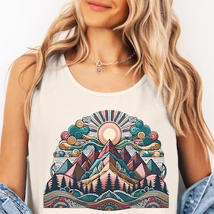 Comfort Colors Boho Mountain Tank Top, Artistic Retro Hiking Graphic Top, Sun & Nature Art Gift, Outdoor Adventure Top, Summer Vacation Top
