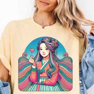 Korean Hanbok Girl Shirt, K-Art Comfort Colors Tee, Kawaii Korean Fashion T-Shirt, Korean Finger Heart Tee, Kpop Style Top, Korean Mom Gift
