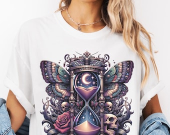 Gothic Luna Moth Comfort Colors T-Shirt, Dark Academia Floral Skull Tee
