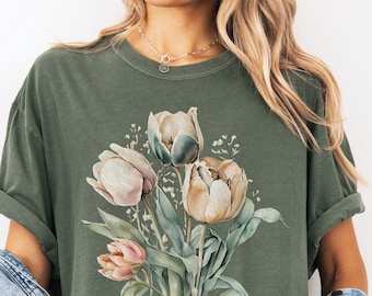 Tulpenblume Komfort Farben T-Shirt, Aquarell Blumen Shirt, Cottagecore Botanisches T-Shirt, Vintage Garten-Liebhaber Geschenk, Boho Wildblumen Shirt