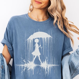 Melancholy Japanese Comfort Colors Graphic Tee, Anime Girl Umbrella Shirt, Manga Streetwear T-Shirt, Kawaii Anime Gift, Otaku Fashion Top