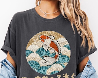 Camiseta con estampado bohemio de pez koi vintage, camiseta con pez koi, camiseta de la suerte, colores cómodos, Japanische Welle, camiseta japonesa con pez, ropa urbana japonesa