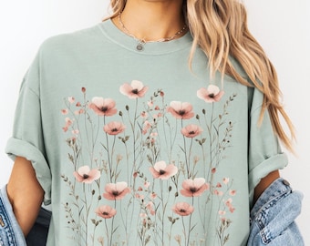 T-shirt Wildflower Field, T-shirt met bloemenprint comfortkleuren, T-shirt aquarel bloemen, T-shirt botanische tuin, shirt cottagecore bloemen natuur