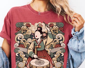 Chemise de tambour traditionnel coréen, T-shirt de danse folklorique hanbok, T-shirt de la culture coréenne aux couleurs confort, Batteries de Pungmul Buk, T-shirt cadeau héritage coréen