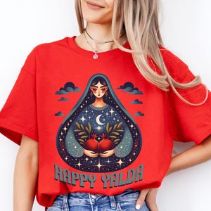 Happy Yalda Night Sky T-Shirt, Festive Pomegranate Woman Graphic, Unique Winter Solstice Apparel, Cultural Celebration Top, Persian Gift