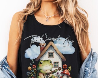 Cottagecore Frog Tank Top, Whimsical Frog Playing Guitar Top, Nature Lover Gift, Mushroom Tank, Chill Vibes Aesthetic, Vintage Country Gift