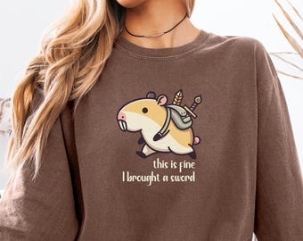 This Is Fine Hamster Long Sleeve T-Shirt, Funny Sword Animal Tee, Comfort Colors Gamer Shirt, RPG Meme Gift, Cute Warrior, Sarcastic Gamer