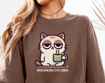 考えすぎなかわいい猫の長袖Tシャツ、おもしろメンタルヘルスTシャツ、快適な色の長袖、猫好きへのギフト、ユーモラスな脳トレシャツ