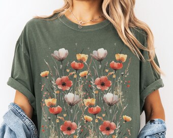 Klaproos bloem comfort kleuren shirt, aquarel bloemen T-shirt, botanische tuin T-shirt, Cottagecore bloemen natuur shirt, Wildflower Field T-shirt