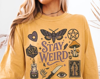 Stay Weird Comfort Colors Long Sleeve Shirt, Mystical Moth and Mushroom Tee, Witchy Occult Aesthetic Top, Unique Goth Gift, Cosmic Goth Top