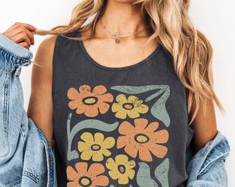 Matisse Floral Tank Top, 90s Vintage Flower Print Tank Top, Y2K Aesthetic Tank, Retro Summer Festival Outfit, Boho Hippie Pressed Flowers