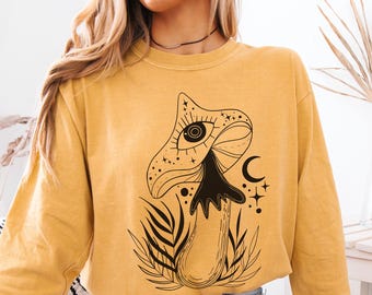 Mystical Mushroom Comfort Colors Long Sleeve Shirt, Witchy Eye Moon Tee, Occult Forestcore Aesthetic, Cottagecore Goth Gift, Unique Gift