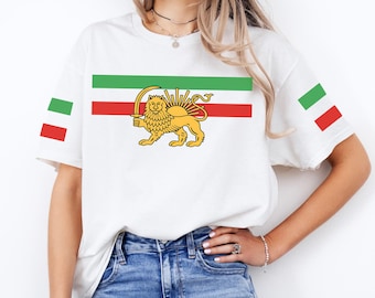 T-shirt drapeau iranien, t-shirt graphique lion et soleil de Perse, chemise Shir-o-Khorshid, cadeau du patrimoine iranien, vêtements patriotiques de la fierté perse