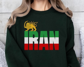Lion and Sun Iran Sweatshirt, Persian Flag Sleeve Graphic, Shir-o-Khorshid Emblem Sweater, Iranian Heritage Gift, Patriotic Persian Pullover