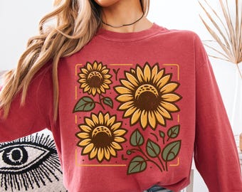Sunflower Comfort Colors Long Sleeve Shirt, Autumn Floral Top, Boho Floral Apparel, Cozy Cottagecore Gift, Nature Lovers, Vintage Floral Tee