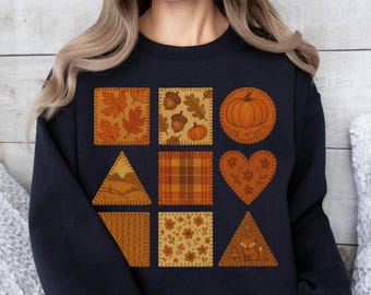 Herfst patchwork-sweater, gezellige faux patch-afbeelding, esthetische trui herfstseizoen, top in rustieke boerderijstijl, unieke top voor oogstseizoen