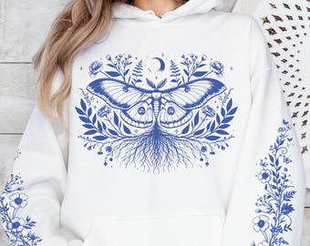 Sweat-shirt à capuche papillon gothique, sweat à capuche Dark Academia, haut floral effrayant, papillon botanique gothique pastel, fleur Dark Academia, cadeau de jardinier