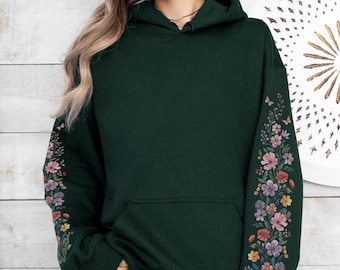 Wildflower Meadow Sleeve Design Hoodie, Cottagecore Floral Design, Botanical Pullover, Elegant Garden Top, Aesthetic Nature Lover Apparel