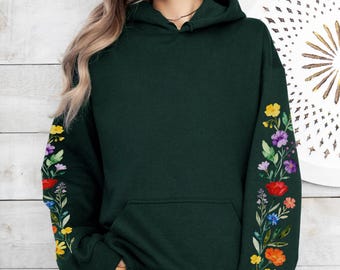 Cottagecore Wildflower Sleeve Hoodie, Botanical Garden Pullover