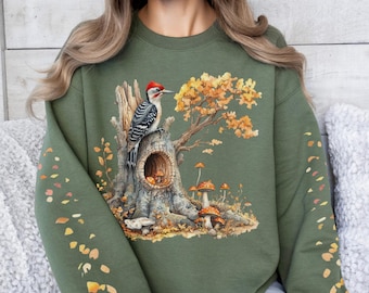 Autumn Woodpecker Sweatshirt, Cottagecore Fall Forest Sleeve Design Pullover, Woodland Bird & Mushroom Top, Nature Lover Gift, Bird Lovers