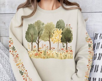 Cottagecore Autumn Forest Sweatshirt, Floral Sleeve Pullover