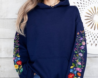 Cottagecore Wildflower Sleeve Hoodie, Botanical Garden Top