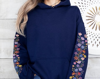 Wildflower Sleeve Hoodie, Cottagecore Floral Pullover, Botanical Apparel