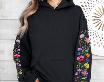 Cottagecore Floral Hoodie, Wildflower Sleeve Design