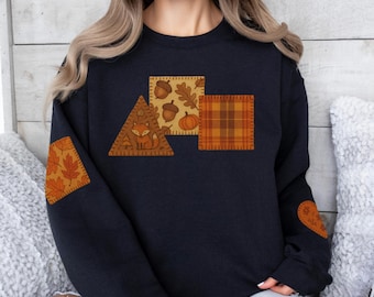Herfst patchwork sweater, gezellige faux patch trui, unieke mouwontwerp trui, rustieke herfst esthetische grafische top, boho herfstcadeau