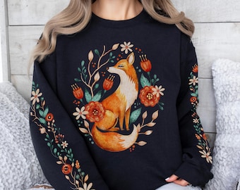Fox Under Tree Sweatshirt, Autumn Floral Sleeve Design, Nature Lover Gift