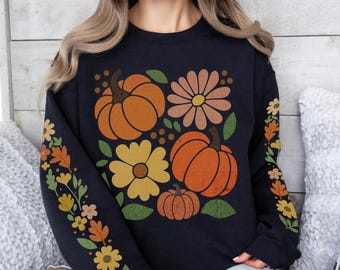 Autumn Pumpkin Flowers Sweatshirt, Cottagecore Fall Pullover