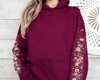 Wildflower Sleeve Hoodie, Cottagecore Floral Pullover, Botanical Design