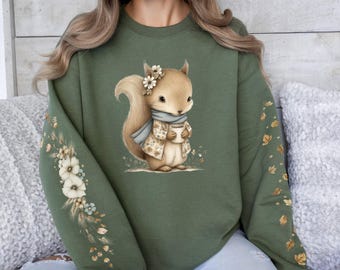 Cute Squirrel Sweatshirt, Autumn Forest Animal Pullover, Floral Right Sleeve Top, Leaf Left SleeveTop, Unique Fall Gift, Cottagecore Gift