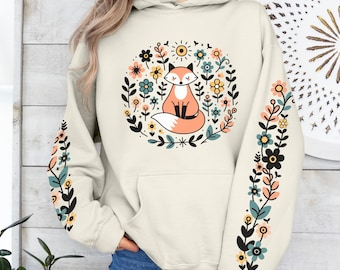 Fox Floral Hoodie, Cottagecore Aesthetic, Nature Inspired Sweatshirt