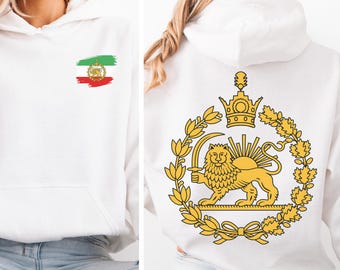 Moletom com capuz Leão e Sol Irã, Blusa com estampa da bandeira persa, Pulôver com emblema Shir-o-Khorshid, Presente de herança iraniana, Blusa patriótica persa