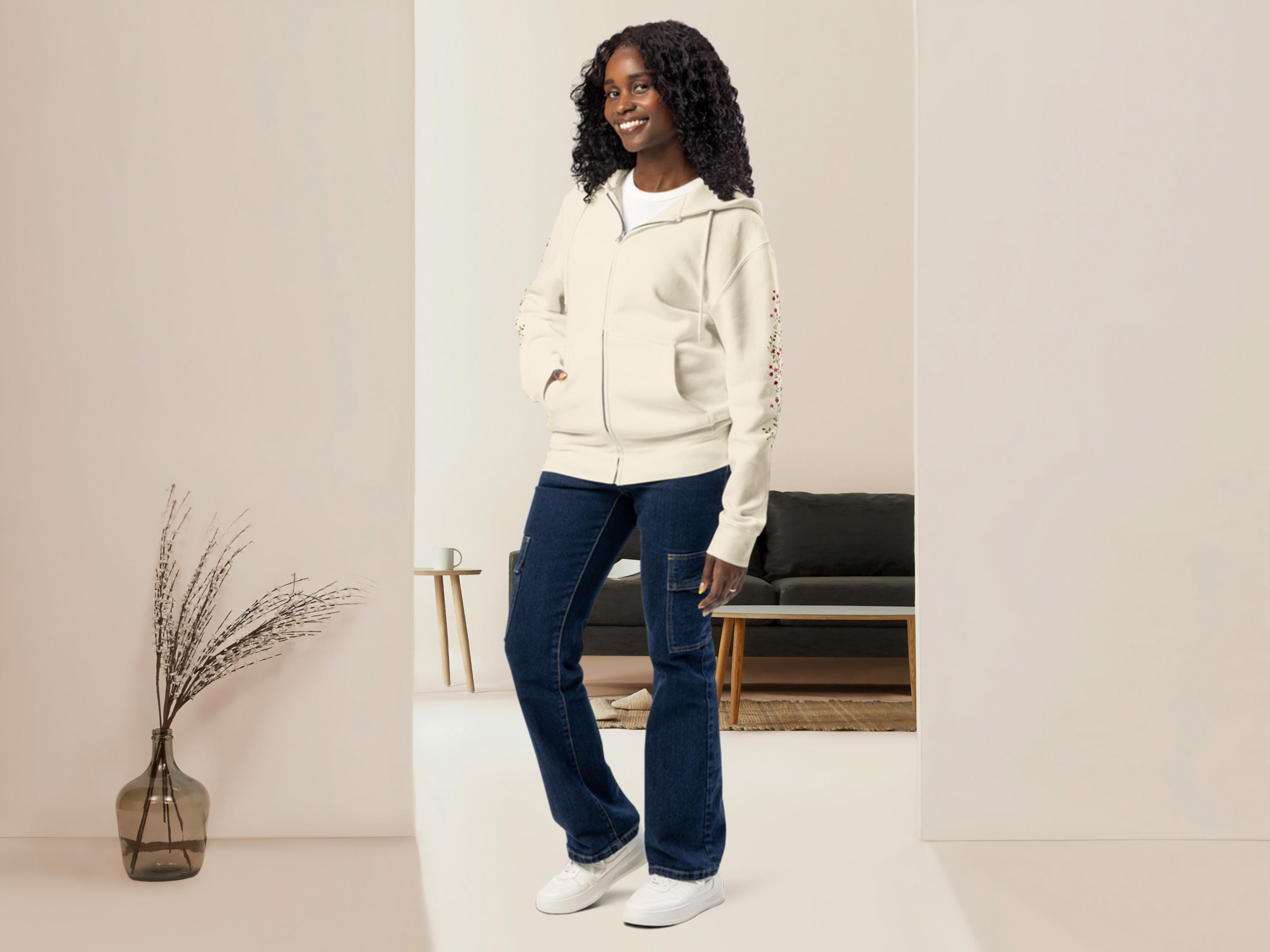 Delicate Wildflower Sleeve Full-zip Hoodie, Cottagecore Floral