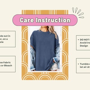 Peut inclure: Un t-shirt bleu avec des instructions d'entretien. Le texte de l'image indique de laver &agrave; l'envers &agrave; l'eau froide, cycle d&eacute;licat, ne pas nettoyer &agrave; sec, &eacute;viter le repassage et ne pas utiliser d'adoucissant ou d'eau de Javel.