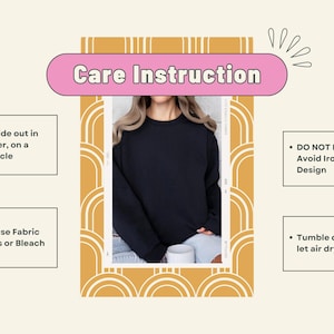 May include: A navy blue sweatshirt with care instructions. The text on the image says to wash inside out in cold water on a gentle cycle, do not dry clean, avoid ironing on the design, do not use fabric softeners or bleach, and tumble dry low or let air dry.