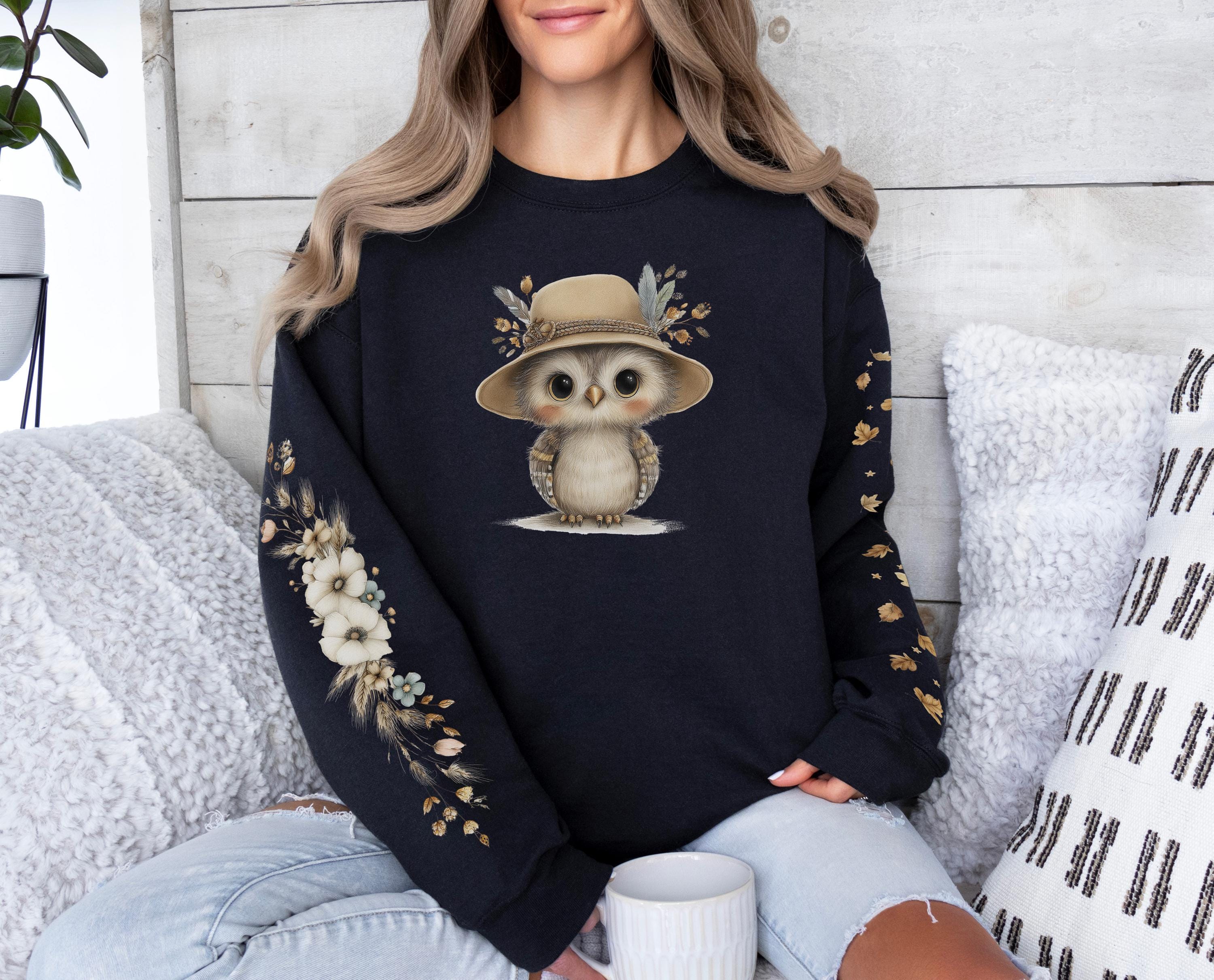 Cute Owl Sweatshirt, Autumn Bird Pullover, Floral Right Sleeve Top, Leaf Left Sleeve Apparel, Unique