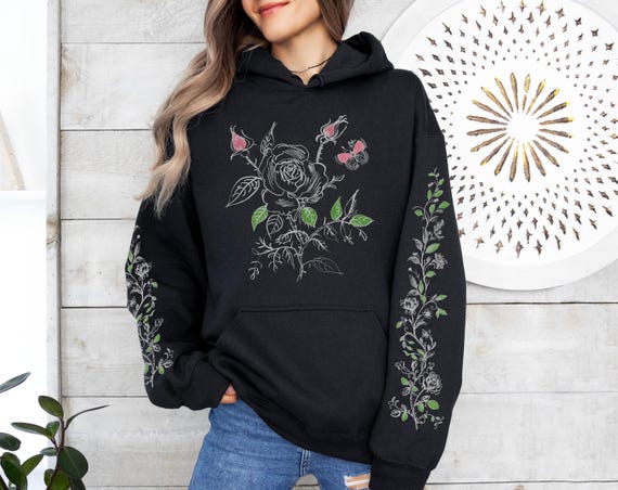 Rose Bush Hoodie, Cottagecore Floral Pullover, Whimsical Garden