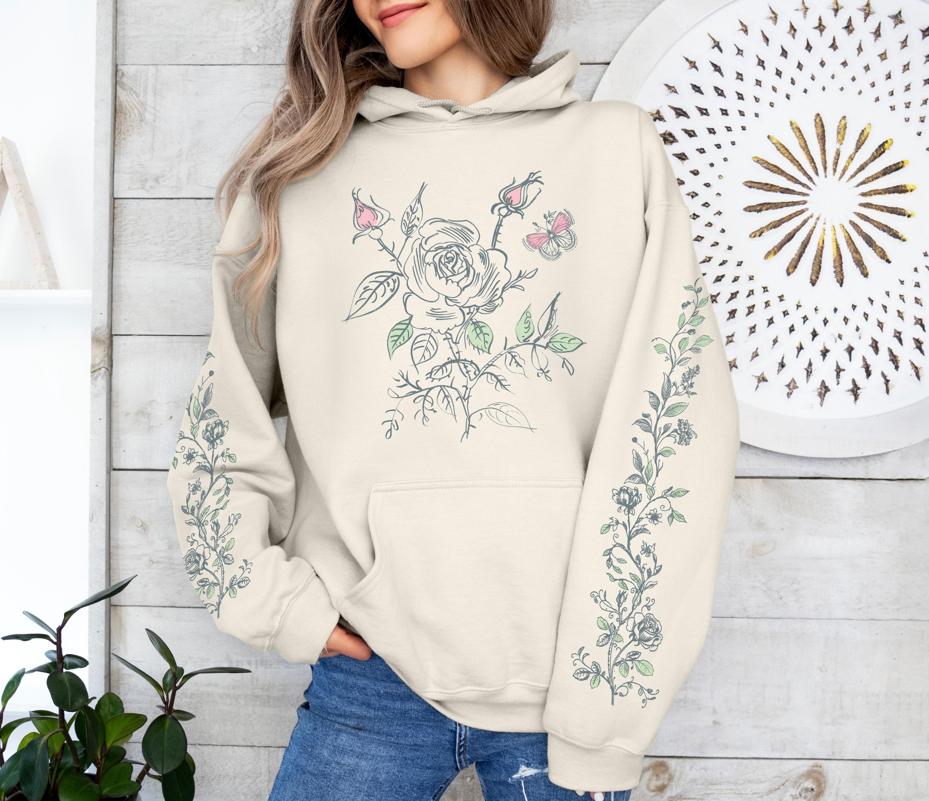 Rose Bush Hoodie, Cottagecore Floral Pullover, Whimsical Garden
